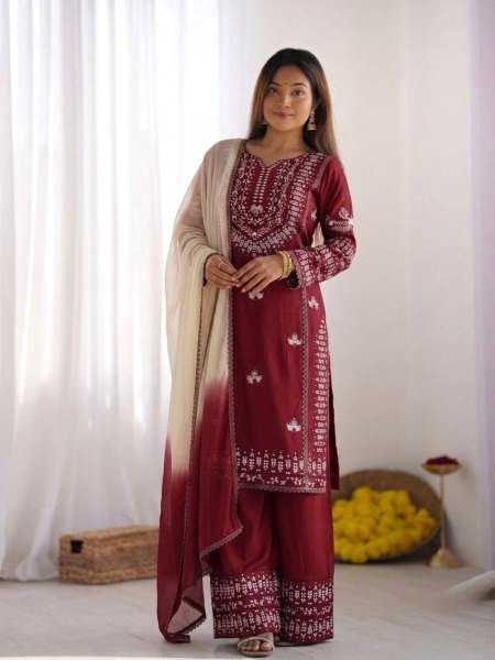 Lead Impact Deep Marron Rayon Cotton Ethnic Top with Embroidery and Farshi Set with Lace Border Dupatta Ready To Wear Suit