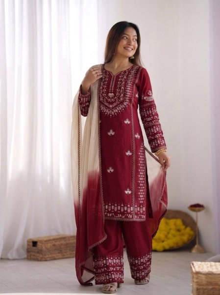 Lead Impact Deep Marron Rayon Cotton Ethnic Top with Embroidery and Farshi Set with Lace Border Dupatta Ready To Wear Collection