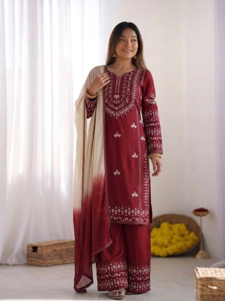 Lead Impact Deep Marron Rayon Cotton Ethnic Top with Embroidery and Farshi Set with Lace Border Dupatta Ready To Wear Collection