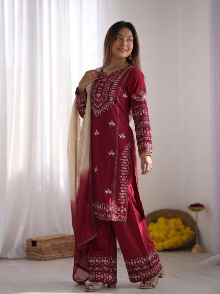 Lead Impact Deep Marron Rayon Cotton Ethnic Top with Embroidery and Farshi Set with Lace Border Dupatta Ready To Wear Collection