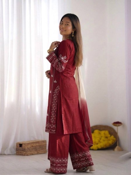 Lead Impact Deep Marron Rayon Cotton Ethnic Top with Embroidery and Farshi Set with Lace Border Dupatta Ready To Wear Collection