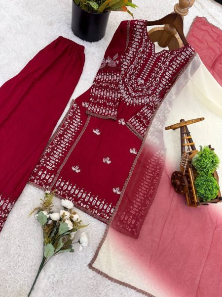 Lead Impact Deep Marron Rayon Cotton Ethnic Top with Embroidery and Farshi Set with Lace Border Dupatta Ready To Wear Collection