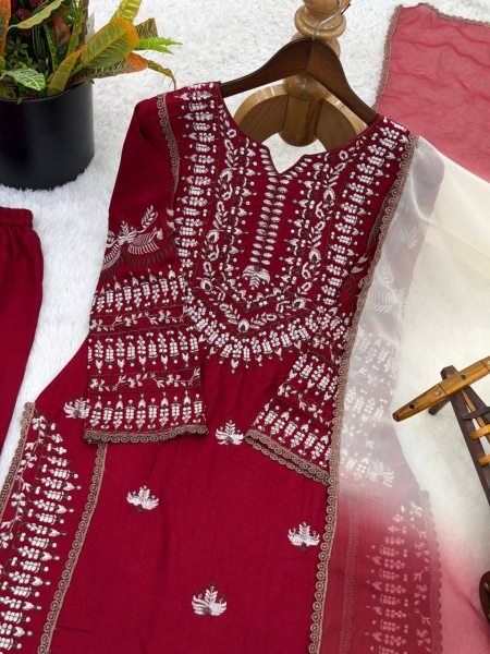 Lead Impact Deep Marron Rayon Cotton Ethnic Top with Embroidery and Farshi Set with Lace Border Dupatta Ready To Wear Collection