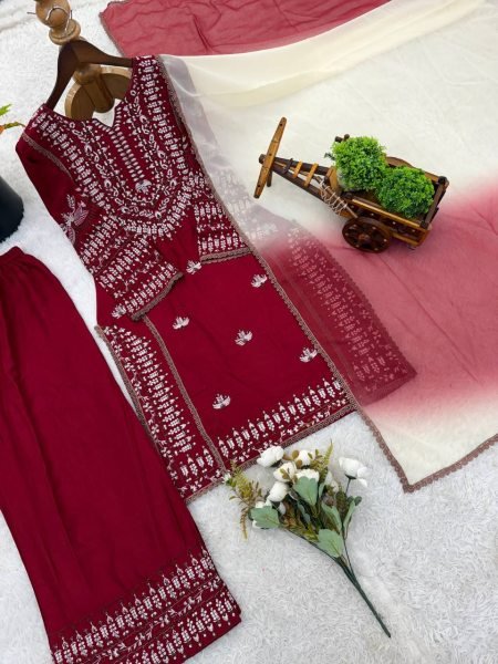 Lead Impact Deep Marron Rayon Cotton Ethnic Top with Embroidery and Farshi Set with Lace Border Dupatta Ready To Wear Collection