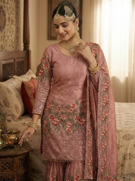 Lead Style Fendy Silk Embroidered Top Sharara Set with Lace Dupatta Ready To Wear Collection
