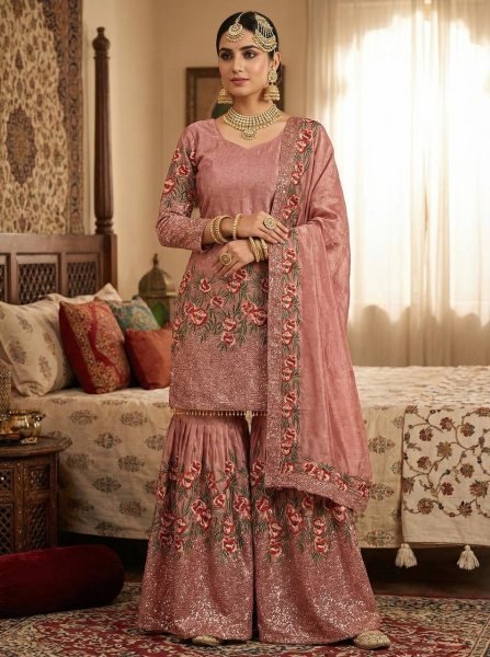 Lead Style Fendy Silk Embroidered Top Sharara Set with Lace Dupatta Ready To Wear Collection