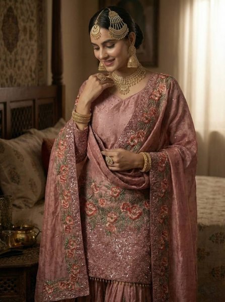 Lead Style Fendy Silk Embroidered Top Sharara Set with Lace Dupatta Ready To Wear Collection