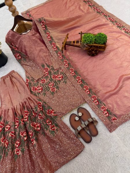 Lead Style Fendy Silk Embroidered Top Sharara Set with Lace Dupatta Ready To Wear Collection