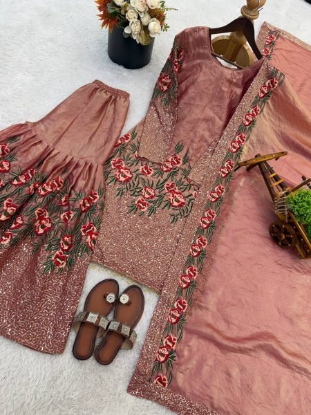 Lead Style Fendy Silk Embroidered Top Sharara Set with Lace Dupatta Ready To Wear Collection