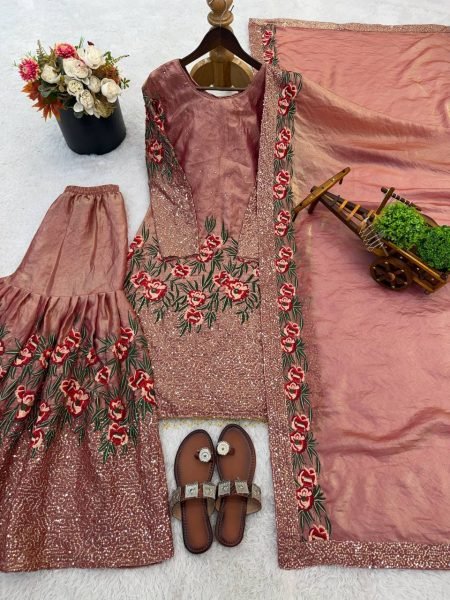 Lead Style Fendy Silk Embroidered Top Sharara Set with Lace Dupatta Ready To Wear Collection