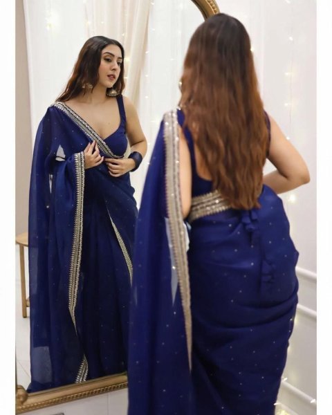 Legendary Blue Organza Silk Saree with Sequins Work and Designer Blouse Silk Sarees Wholesale