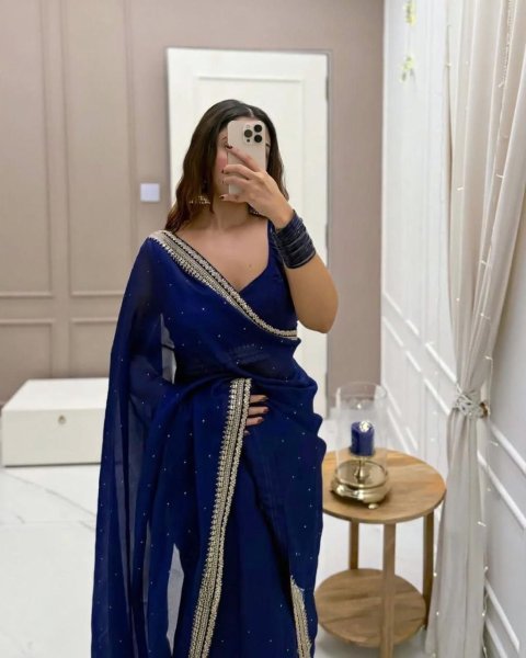 Legendary Blue Organza Silk Saree with Sequins Work and Designer Blouse Silk Sarees Wholesale