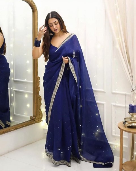 Legendary Blue Organza Silk Saree with Sequins Work and Designer Blouse Silk Sarees Wholesale