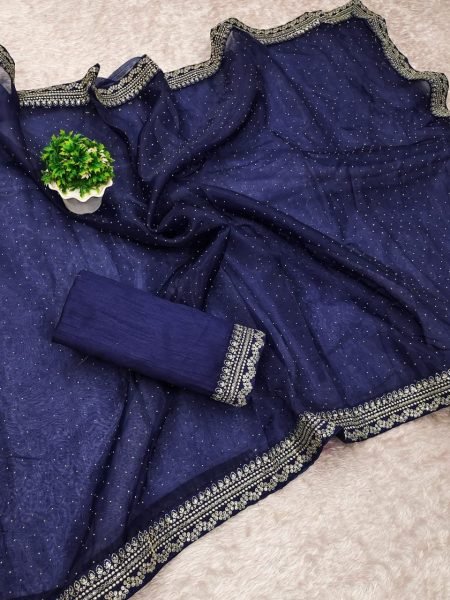 Legendary Blue Organza Silk Saree with Sequins Work and Designer Blouse Silk Sarees Wholesale