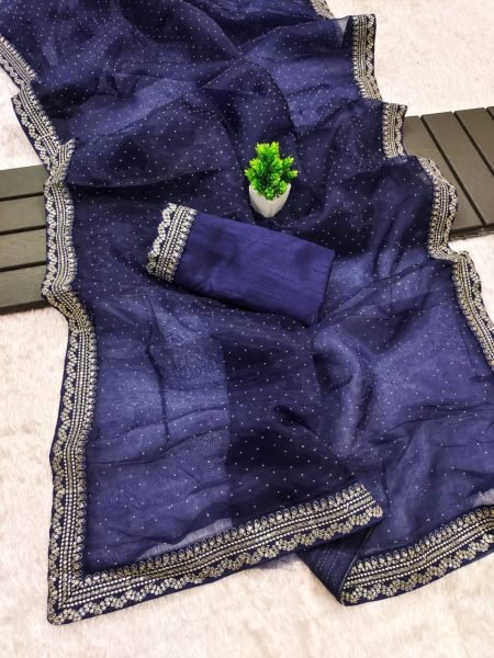 Legendary Blue Organza Silk Saree with Sequins Work and Designer Blouse Silk Sarees Wholesale