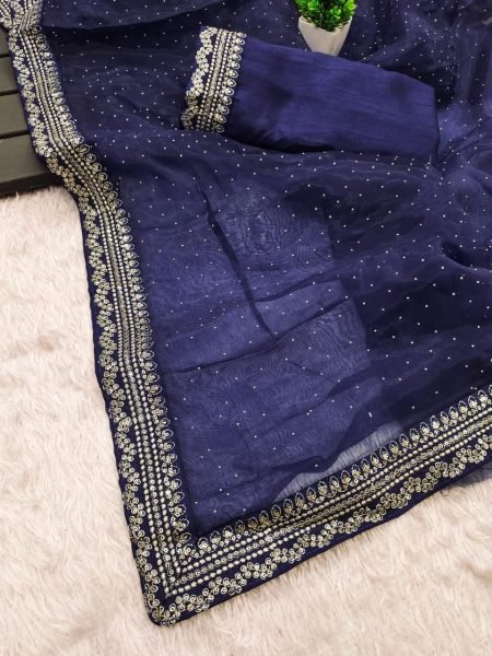 Legendary Blue Organza Silk Saree with Sequins Work and Designer Blouse Silk Sarees Wholesale