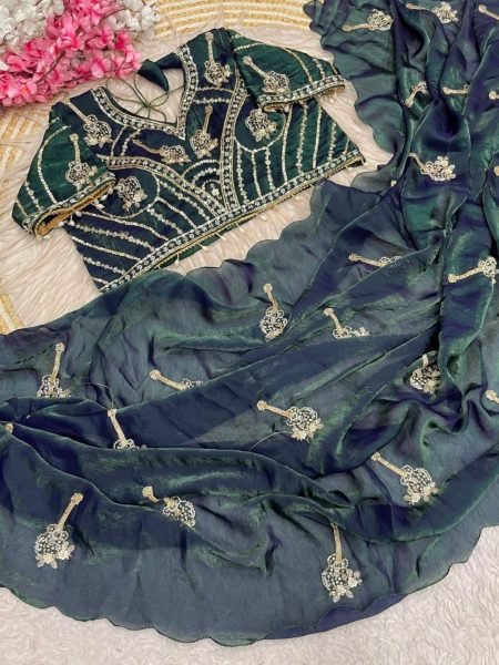 Legendary Bottle Green Wedding Fandy Satin Saree with Designer Stitched Blouse 