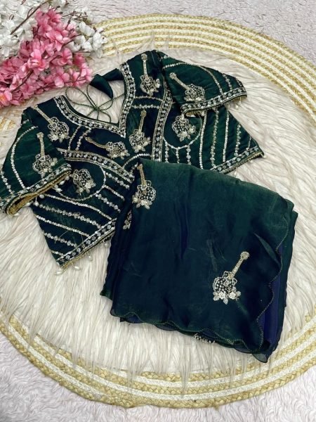 Legendary Bottle Green Wedding Fandy Satin Saree with Designer Stitched Blouse Bollywood Fancy Sarees Wholesale