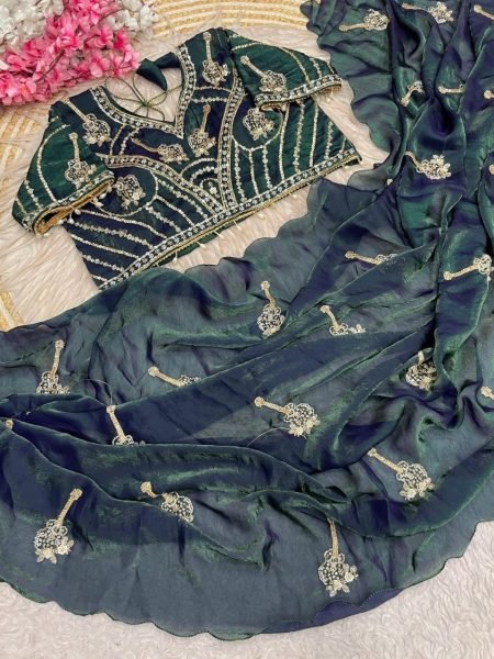 Legendary Bottle Green Wedding Fandy Satin Saree with Designer Stitched Blouse Bollywood Fancy Sarees Wholesale