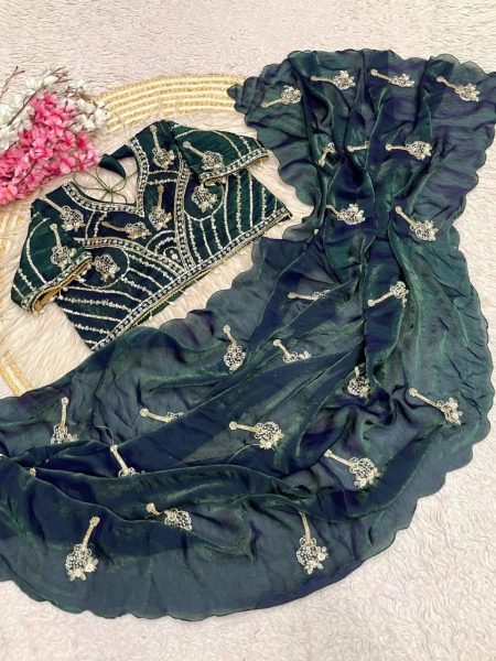 Legendary Bottle Green Wedding Fandy Satin Saree with Designer Stitched Blouse Bollywood Fancy Sarees Wholesale