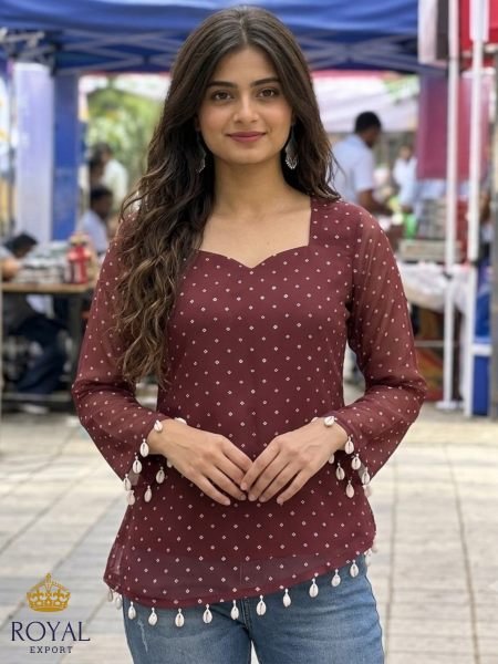 Legendary Brown Georgette Printed Kurti with Sweetheart Neck Kurtis