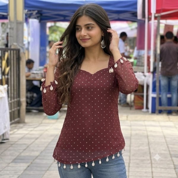 Legendary Brown Georgette Printed Kurti with Sweetheart Neck Tunics kurti