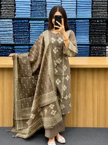 Legendary Brown Summer Cotton Suit Set with Hand Work and Latkan Dupatta Kurtis