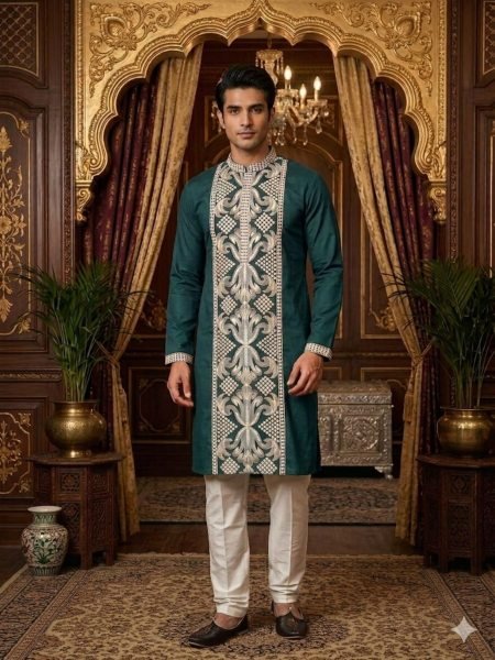 Legendary Forest Green Heavy Royal Silk Kurta Pajama with Intricate Embroidery  