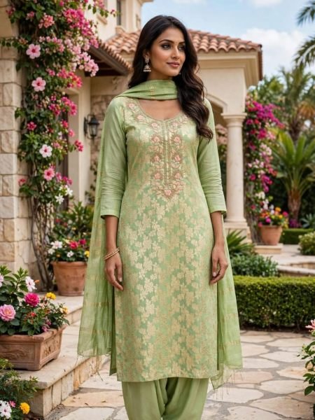Legendary Green Modal Jacquard Suit with Sequin Work and Chanderi Fancy Dupatta Dress Material 