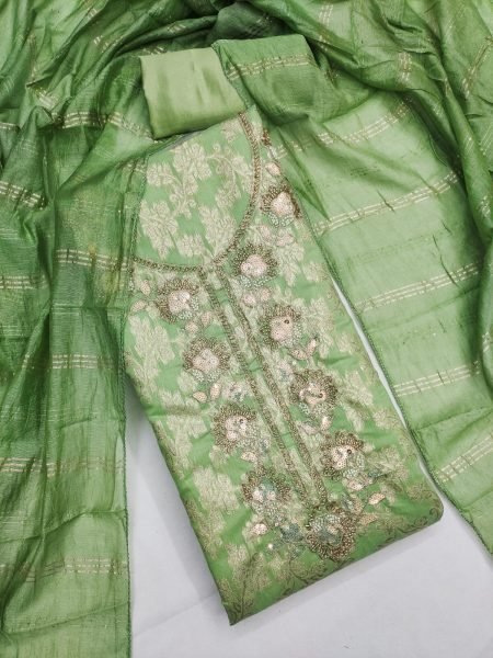 Legendary Green Modal Jacquard Suit with Sequin Work and Chanderi Fancy Dupatta Color Set Matching Dress Material Wholesale