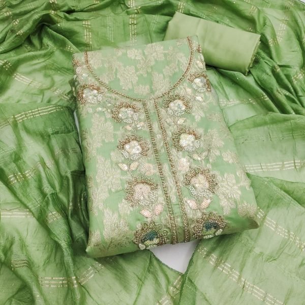 Legendary Green Modal Jacquard Suit with Sequin Work and Chanderi Fancy Dupatta Color Set Matching Dress Material Wholesale