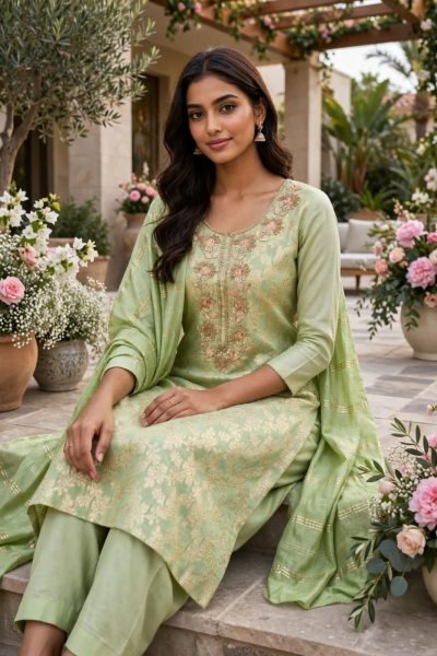Legendary Green Modal Jacquard Suit with Sequin Work and Chanderi Fancy Dupatta Color Set Matching Dress Material Wholesale