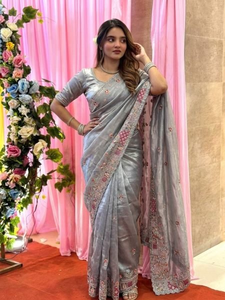 Legendary Grey Tissue Silk Fabric Saree with Heavy Embroidered Blouse at Wholesale Rate 