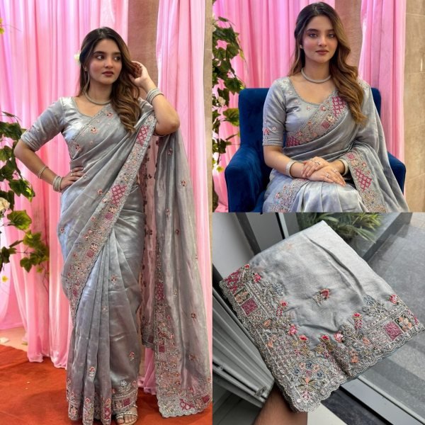 Legendary Grey Tissue Silk Fabric Saree with Heavy Embroidered Blouse at Wholesale Rate Silk Sarees Wholesale