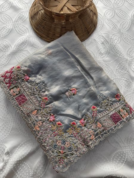 Legendary Grey Tissue Silk Fabric Saree with Heavy Embroidered Blouse at Wholesale Rate Silk Sarees Wholesale