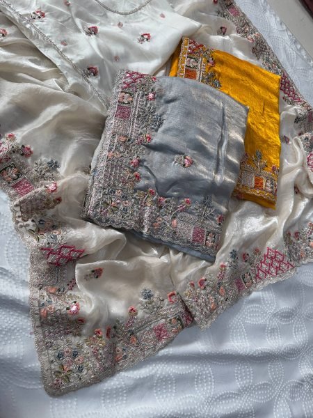 Legendary Grey Tissue Silk Fabric Saree with Heavy Embroidered Blouse at Wholesale Rate Silk Sarees Wholesale