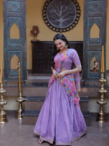Lavender Silk Lehenga Choli with Intricate Zari Embroidery And Printed Dupatta  Lehenga