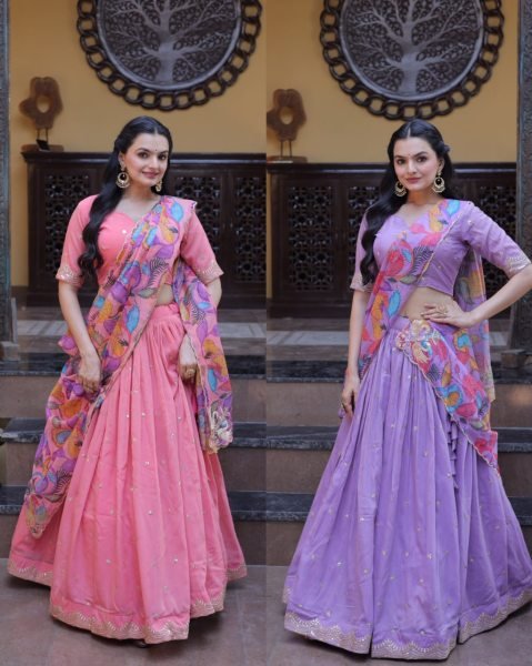 Lavender Silk Lehenga Choli with Intricate Zari Embroidery And Printed Dupatta Designer Lehenga Choli