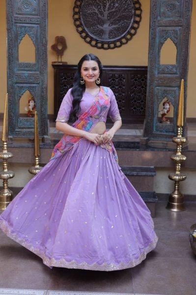 Lavender Silk Lehenga Choli with Intricate Zari Embroidery And Printed Dupatta Designer Lehenga Choli