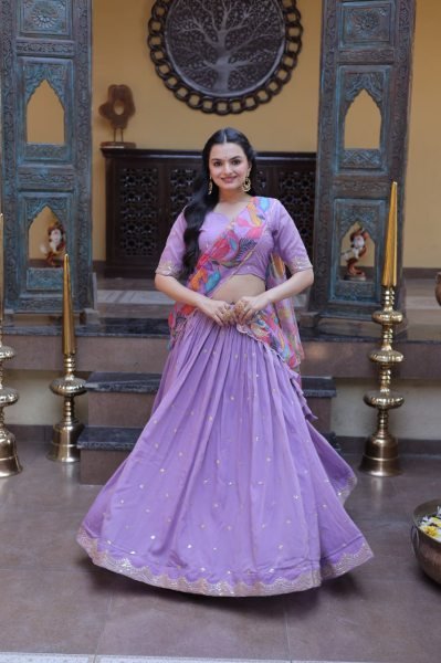 Lavender Silk Lehenga Choli with Intricate Zari Embroidery And Printed Dupatta Designer Lehenga Choli