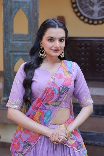 Lavender Silk Lehenga Choli with Intricate Zari Embroidery And Printed Dupatta Designer Lehenga Choli