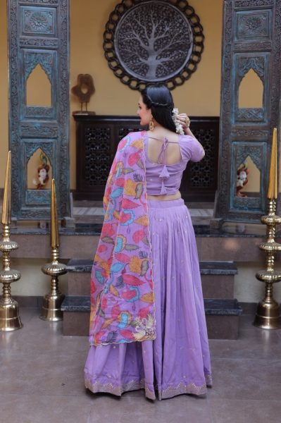 Lavender Silk Lehenga Choli with Intricate Zari Embroidery And Printed Dupatta Designer Lehenga Choli