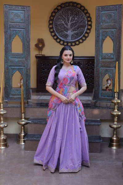 Lavender Silk Lehenga Choli with Intricate Zari Embroidery And Printed Dupatta Designer Lehenga Choli
