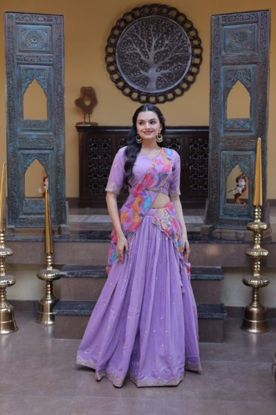 Lavender Silk Lehenga Choli with Intricate Zari Embroidery And Printed Dupatta Designer Lehenga Choli