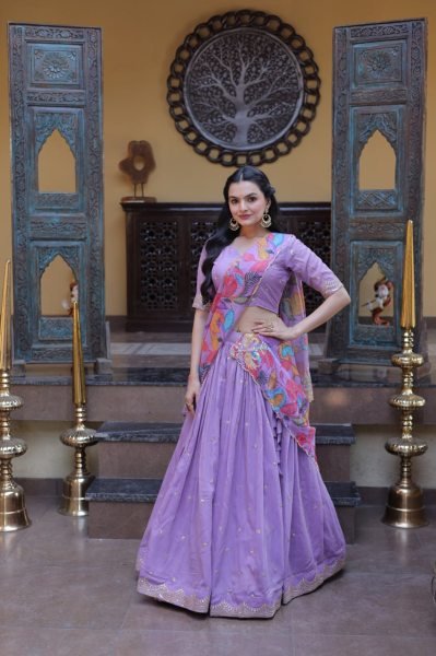 Lavender Silk Lehenga Choli with Intricate Zari Embroidery And Printed Dupatta Designer Lehenga Choli