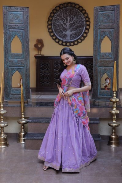 Lavender Silk Lehenga Choli with Intricate Zari Embroidery And Printed Dupatta Designer Lehenga Choli
