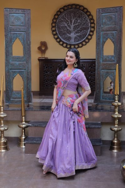Lavender Silk Lehenga Choli with Intricate Zari Embroidery And Printed Dupatta Designer Lehenga Choli