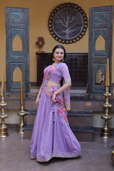 Lavender Silk Lehenga Choli with Intricate Zari Embroidery And Printed Dupatta Designer Lehenga Choli