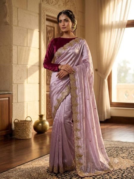 Legendary Lavender Space Silk Saree with Rich Zari and Sequins Embroidery Work For Party Wear 