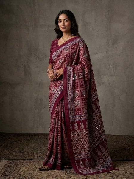 Legendary Maroon Designer Ajrakh Gajji Silk Saree with Fumka and Mirror Embellishments Sarees 